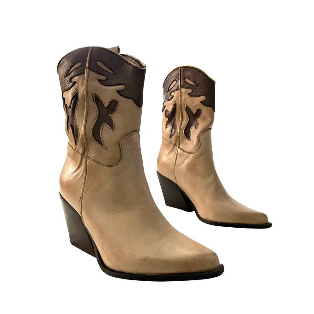 Made in Italy Western Cowboy Boots Size 7 Pointed Toe Leather Mid-Calf Heel NEW